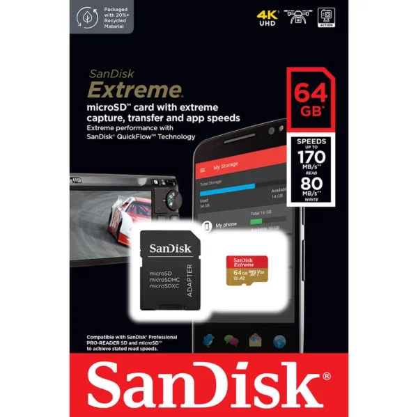 Sandisk MicroSDXC Extreme 64GB Adapter 170MB/s A2 C10 V30